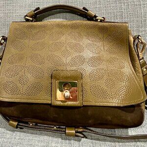 Orla Kiely Olive Green Perforated Leather Shoulder Bag